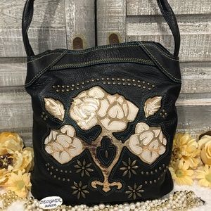 PARCEL Black Leather Floral Shoulder Bag